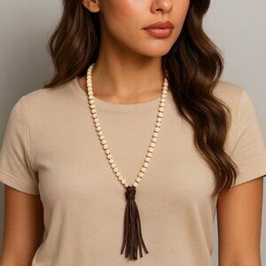 Handmade Off-White Beaded Necklace with Brown Leather Tassel Boho Chic Jewelry..
